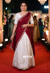Ivory White with Maroon - Trending Viscose Georgette Half Saree Set - Stitched - Devasena - Perfect for Festive Functions