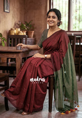khadi contrast pallu Maroon with Khaki - Leo Trisha saree - Shruti
