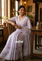 Misty Lavender - Linen Cotton Saree with Floral Prints - Best for Office Wear | Casual Wear