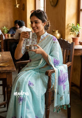 Pastel Turquoise blue - Linen Cotton Saree with Flower Prints - Best for Office Wear | Casual Wear