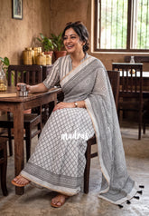Black and White - Linen Cotton Saree Partly Pallu with Tiny Border - Best for Office Wear | Casual Wear
