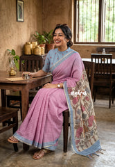 Lilac Pink - Premium Linen Cotton with Jute Blend Saree Checks with Floral Pallu - Best for Office Wear | Casual Wear