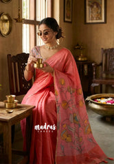 Deep Peach - Light weight Linen cotton with Kalamkari Pallu and Blouse - Best for Office Wear | Casual Wear