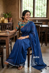 Cobalt Blue - Pragathi - Linen Cotton Saree with Madras Checks and Blouse - Best for Office Wear | Casual Wear