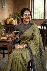 (PRE-BOOKING) Olive Green - Pragathi - Linen Cotton Saree with Stripes Prints in Pallu and Blouse - Best for Office Wear | Casual Wear