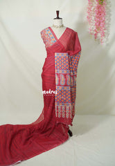 crimson red - Pragathi - Linen Cotton Saree with Ajrakh Pallu and Blouse - Best for Office Wear | Casual Wear