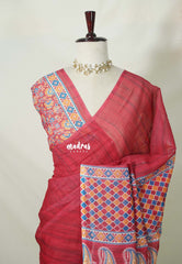 crimson red - Pragathi - Linen Cotton Saree with Ajrakh Pallu and Blouse - Best for Office Wear | Casual Wear