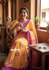 Pastel Yellow with Lace - Soft linen cotton saree with Lotus Prints with Lace Border - Perfect Office Wear | Casual Wear