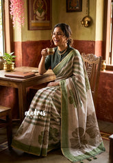 Muted Beige with Olive Green - Linen Cotton Saree with horizontal wavy stripes and Contrast Blouse - Best for Office Wear | Casual Wear