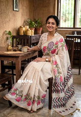 Sandal Beige - Divine Lotus Linen Cotton Saree with Tiny Border - Best for Office Wear
