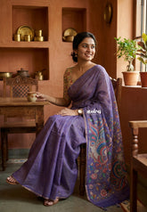 Lavender Purple - Linen Cotton Saree Checks Body with Kalamkari Pallu and Blouse - Best for Office Wear | Casual Wear