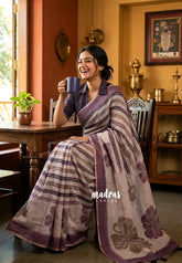 Muted Beige with Pastel Purple - Linen Cotton Saree with horizontal wavy stripes and Contrast Blouse - Best for Office Wear | Casual Wear