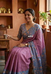 Rosewood Pink - Linen Cotton Saree Checks with Floral Border - Best for Office Wear | Casual Wear