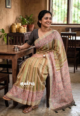 Olive Earthen Blend - Linen Cotton Saree Stripes with Contrast Blouse - Best for Office Wear | Casual Wear