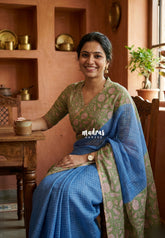 Soft Cobalt Blue - Linen Cotton Saree Checks with Floral Border - Best for Office Wear | Casual Wear