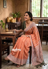 Sunset Corel Blend - Linen Cotton Saree Stripes with Contrast Blouse - Best for Office Wear | Casual Wear