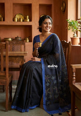 Jet Black - Linen Cotton Saree with Jamdani Printed Pallu - Best for Office Wear | Casual Wear