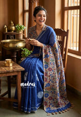 Indigo Blue - Linen Cotton Saree with Kalamkari Pallu and Blouse - Best for Office Wear | Casual Wear