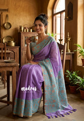 Lilac Lavender - Linen Cotton Saree Checks with Floral Border - Best for Office Wear | Casual Wear