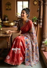 Brick Red - Linen Cotton Saree with Kalamkari Pallu and Blouse - Best for Office Wear | Casual Wear