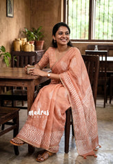 Earthy Peach - Linen Cotton Saree with Leaf Print with Printed Border - Best for Office Wear
