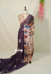 (PRE-BOOKING) Wine Plum Purple - Linen Cotton Saree with Kalamkari Pallu and Blouse - Best for Office Wear | Casual Wear
