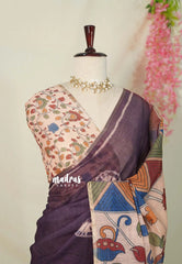 (PRE-BOOKING) Wine Plum Purple - Linen Cotton Saree with Kalamkari Pallu and Blouse - Best for Office Wear | Casual Wear