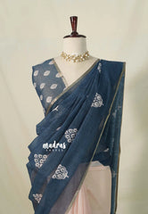 (PRE-BOOKING) Bluish Grey with Peach - Linen Cotton Saree with Half and Half Design - Best for Office Wear | Casual Wear
