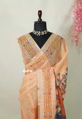 Peach Orange - Linen Cotton Saree Lotus Buttas with Tiny Border - Best for Office Wear | Casual Wear