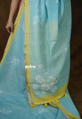 Pastel Aqua Blue - Linen Cotton Saree Floral Print with Tiny Border - Best for Office Wear | Casual Wear | Doctors | Professors | Teachers Friendly