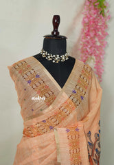 Peach Orange - Linen Cotton Saree Lotus Buttas with Tiny Border - Best for Office Wear | Casual Wear