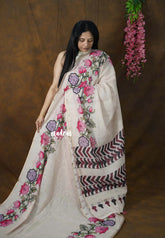 Pastel Earthen Beige - Divine Lotus Linen Cotton Saree - Best for Office Wear | Casual Wear | Doctors | Professors | Teachers Friendly