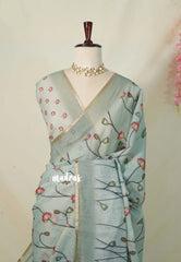 (PRE-BOOKING) Muted Aqua Blue - Linen Cotton Saree with Floral Prints - Best for Office Wear | Casual Wear