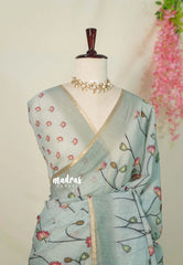 Muted Aqua Blue - Linen Cotton Saree with Floral Prints - Best for Office Wear | Casual Wear