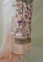 White with Peach - Linen Cotton Saree Gradient with Tissue Border and Floral Print Pallu - Perfect for Office Wear | Summer wear | Casual Wear
