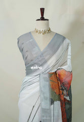 Daisy White - Linen Cotton Saree Gradient with Tissue Border and Modern Print - Perfect for Office Wear | Summer wear | Casual Wear