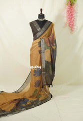 Mustard Glow - Linen Cotton Saree Gradient with Tissue Border and Big Floral Print - Perfect for Office Wear | Summer wear | Casual Wear