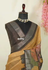 Mustard Glow - Linen Cotton Saree Gradient with Tissue Border and Big Floral Print - Perfect for Office Wear | Summer wear | Casual Wear