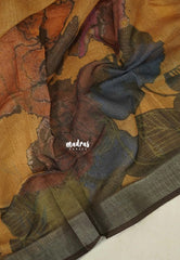 Mustard Glow - Linen Cotton Saree Gradient with Tissue Border and Big Floral Print - Perfect for Office Wear | Summer wear | Casual Wear