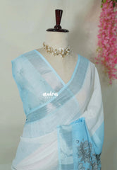 White with Sky Blue - Linen Cotton Saree Gradient with Tissue Border and Floral Print Pallu - Perfect for Office Wear | Summer wear | Casual Wear