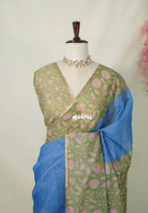 Soft Cobalt Blue - Linen Cotton Saree Checks with Floral Border - Best for Office Wear | Casual Wear