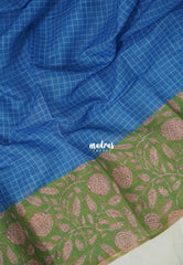 Soft Cobalt Blue - Linen Cotton Saree Checks with Floral Border - Best for Office Wear | Casual Wear