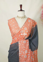 Elephant Black - Linen Cotton Saree Checks with Floral Border - Best for Office Wear | Casual Wear