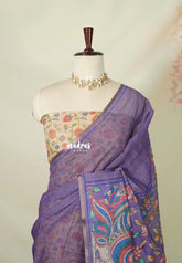 Lavender Purple - Linen Cotton Saree Checks Body with Kalamkari Pallu and Blouse - Best for Office Wear | Casual Wear