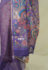 Lavender Purple - Linen Cotton Saree Checks Body with Kalamkari Pallu and Blouse - Best for Office Wear | Casual Wear