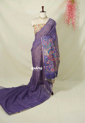 Lavender Purple - Linen Cotton Saree Checks Body with Kalamkari Pallu and Blouse - Best for Office Wear | Casual Wear