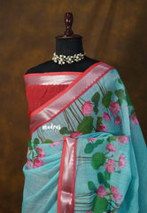 (PRE-BOOKING) Sky Spark - Linen Cotton with Divine Lotus Border with Mangalgiri Border - Best for Small Functions