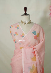 Peach Pink Blossom - Linen Cotton Saree with Leaf Prints - Best for Office Wear | Casual Wear