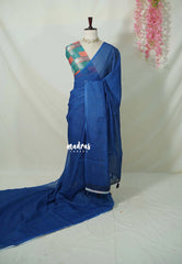 Cobalt Blue - Pragathi - Linen Cotton Saree with Madras Checks and Blouse - Best for Office Wear | Casual Wear