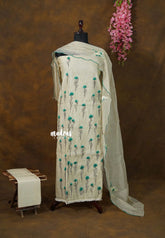 Amitha – Creamy Ivory with Green Premium Jute Linen Salwar Suit with Floral Sprig Embroidery with Scallop work Dupatta
